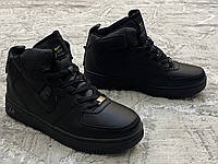 Мужские зимние высокие кроссовки NIKE AIR FORCE Black черные кроссовки Найк Аир Форсы Кожа с мехом Без липучки