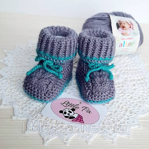 Пінетки "Косичка" сірі з бірюзовим на 0-3 міс., фото 1