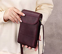 Шкіряна жіноча бордова сумочка гаманець через плече/ збільшений клатч для телефону із натуральної шкіри