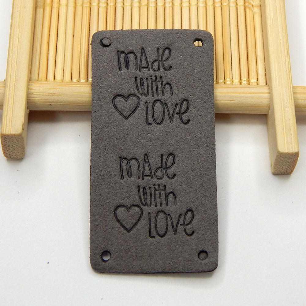 Бирка замшева "Hand made with love", 5х2,5 см, сірий