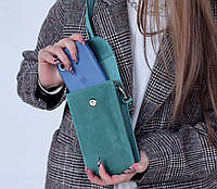 Кожаная женская сумка со съемным ремешком и отделением для телефона/ Бирюзовая сумка кошелек для денег и монет
