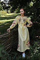Женское длинное платье-вышиванка из льна с длинным рукавом 4605