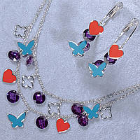 Комплект ювелірної біжутерії позолота 18K із сердечками та метеликами в стразах сережки кільця довжина кольє 50 см