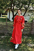 Красное женское длинное платье-вышиванка из льна с длинным рукавом 4608