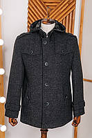 Мужское классическое демисезонное пальто короткое темно-серое, утепленное с капюшоном