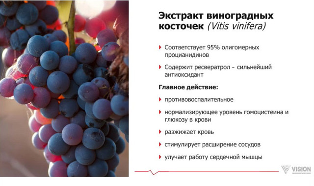 Екстракт винограду захоплює вільні радикали і жирові переоксиды, при цьому знижуючи окислення ліпідів, що, в свою чергу, повністю пригнічує вироблення вільних радикалів ферментами ксантиноксидазы, зменшує пошкодження клітин і тканин