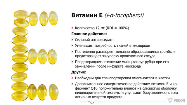 властивостями вітамін е запобігає розвитку атеросклеротичного процесу і в останні роки застосовується для профілактики серцево-судинних захворювань. Крім того, вітамін е запобігає руйнування еритроцитів і забезпечує безперешкодне надходження наявного в них кисню в усі клітини організму