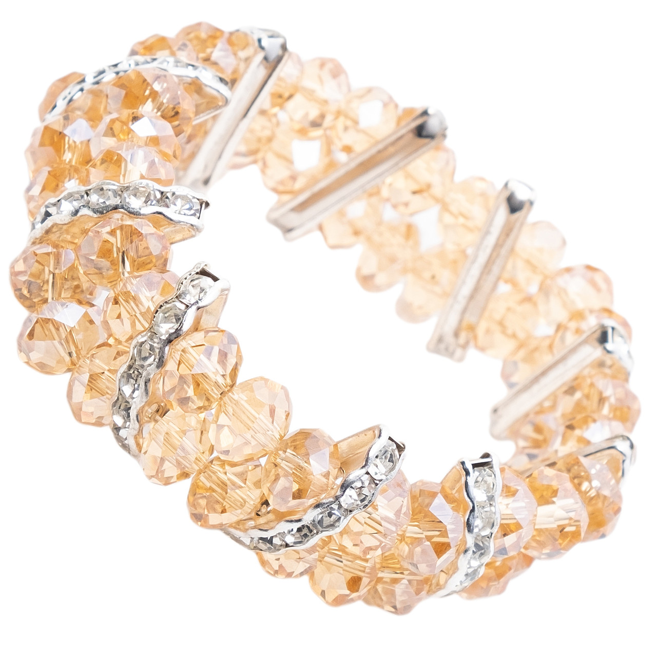 Браслет жіночий на руку на гумці з жовтогарячими намистинами зі сріблястими елементами та білими кристалами - фото 1 - id-p1721570212