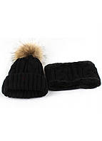 Детская шапка с хомутом зимняя черная, зимняя шапка с помпоном и шарфом черная, зимняя шапка для мальчика
