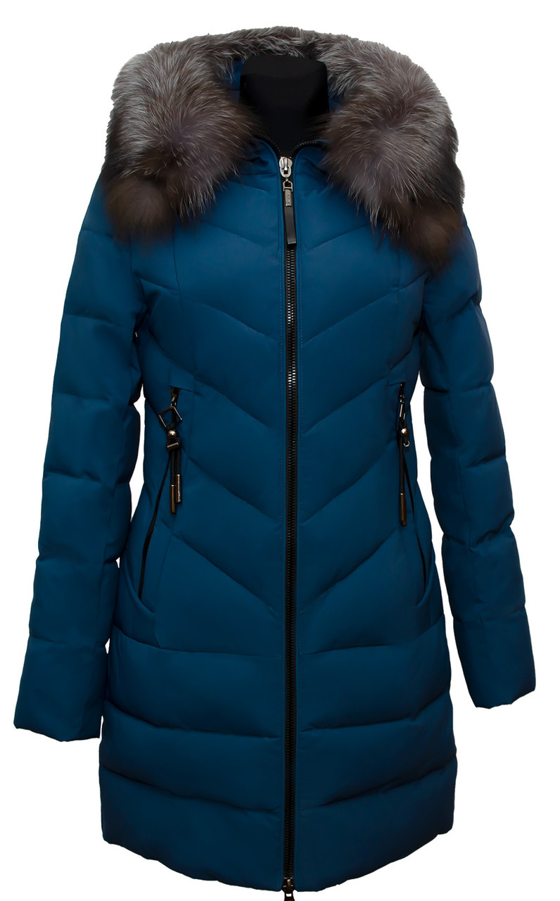 Зимове пальто з натуральним хутром. Cинє. Жіноче, фото 1
