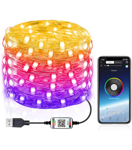 Светодиодная смарт-гирлянда нить 10 м 100 LED RGB управление через приложение в телефоне