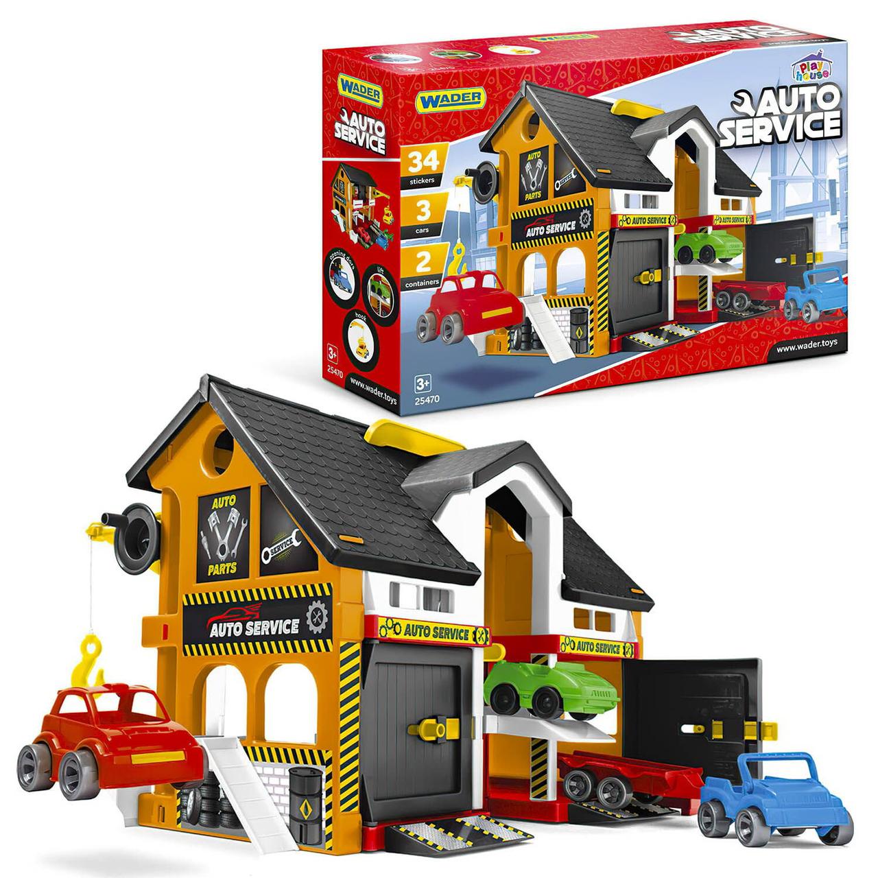 Ігровий будиночок Авто-сервіс "Wader" (3 поверхи, 3 машинки, витяг, аксесуари, 34 наклейки, в коробці) 25470, фото 1