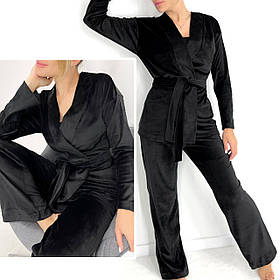 Домашній жіночий велюровий костюм-піжама з поясом чорний