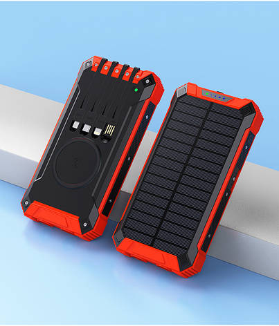 Power bank 20000mAh з соняною панеллю + Бездротова зарядка + Фонарик + 4 кабеля, фото 1