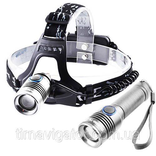 Ліхтарик налобний + ручний (2в1) Police 6888-T6 microUSB, 2x18650, zoom, Box