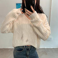 Рваный свитер женский короткий с V образным вырезом