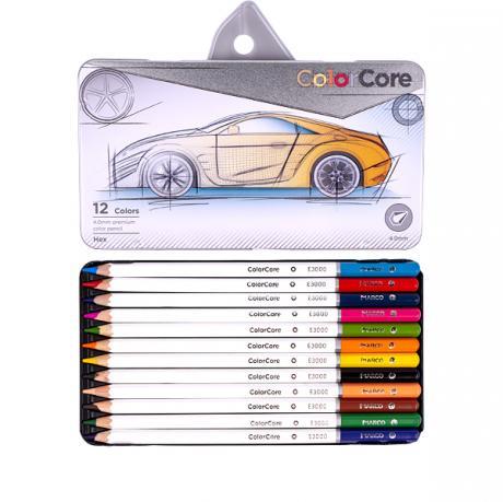 Олівці Marco 12 кольорів шестигранні d=4. 0 у металевій коробці, ColorCore Marco E3000-12TN KNZ