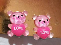 Детские клипсы серьги сережки (без прокола) металл пластик мишки розовые love