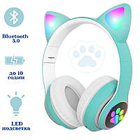 Накладні бездротові навушники світящі котячі вушка STN-28, навушники котик дитячі для дітей, М'ятний