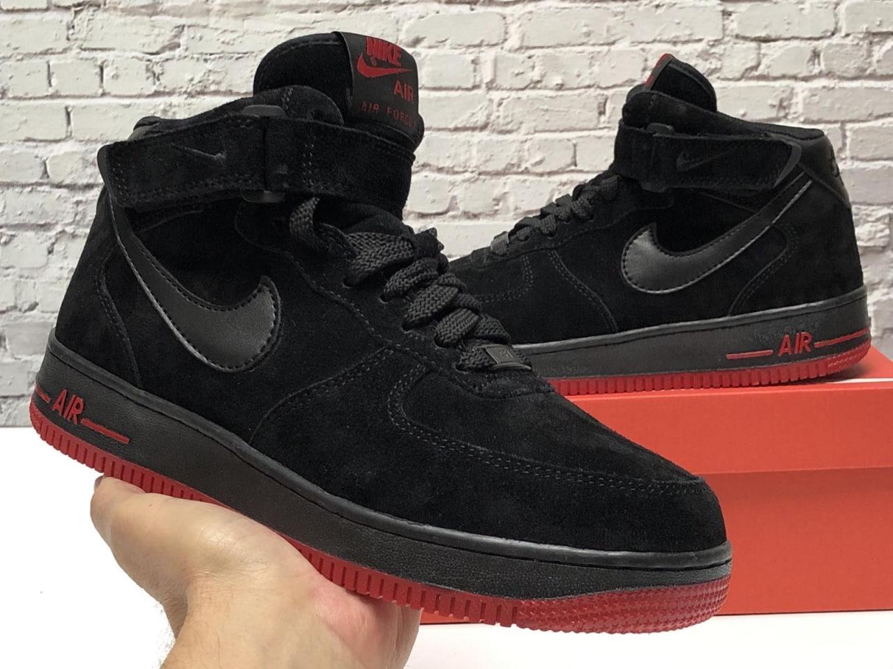 Чоловічі зимові кросівки Nike Air Force Winter High Black Red (Чорні) Взуття Найк Аір Форс замш з хутром високі
