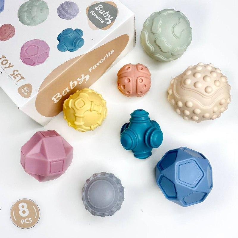 Набір тактильних сенсорних м'ячиків 628-22 8 м'ячиків масажні кульки для немовляти в коробці, фото 1