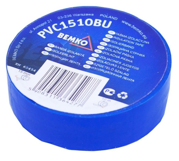 Стрічка ізоляційна BEMKO ПВХ 15 мм х 10 м ізолєнта синя E30-PVC1510BU