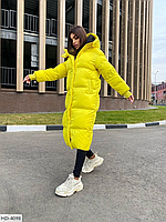 Женская зимняя длинная куртка пальто на пуху из матовой ткани 120 см длина, 10 цветов Желтый, S-M