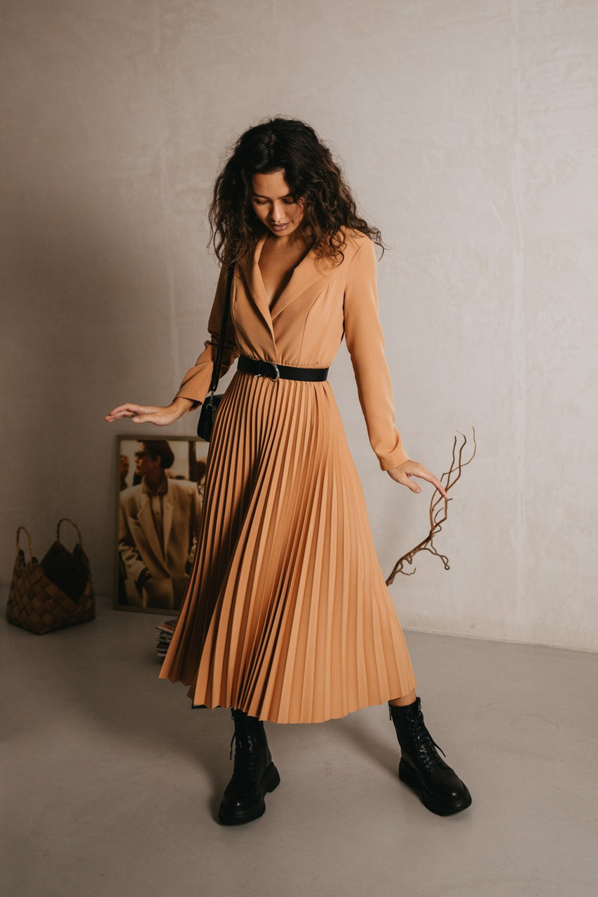 Стильне жіноче плаття міді плісе з поясом і знімною баскою 42-48 розмір різні кольори, фото 1