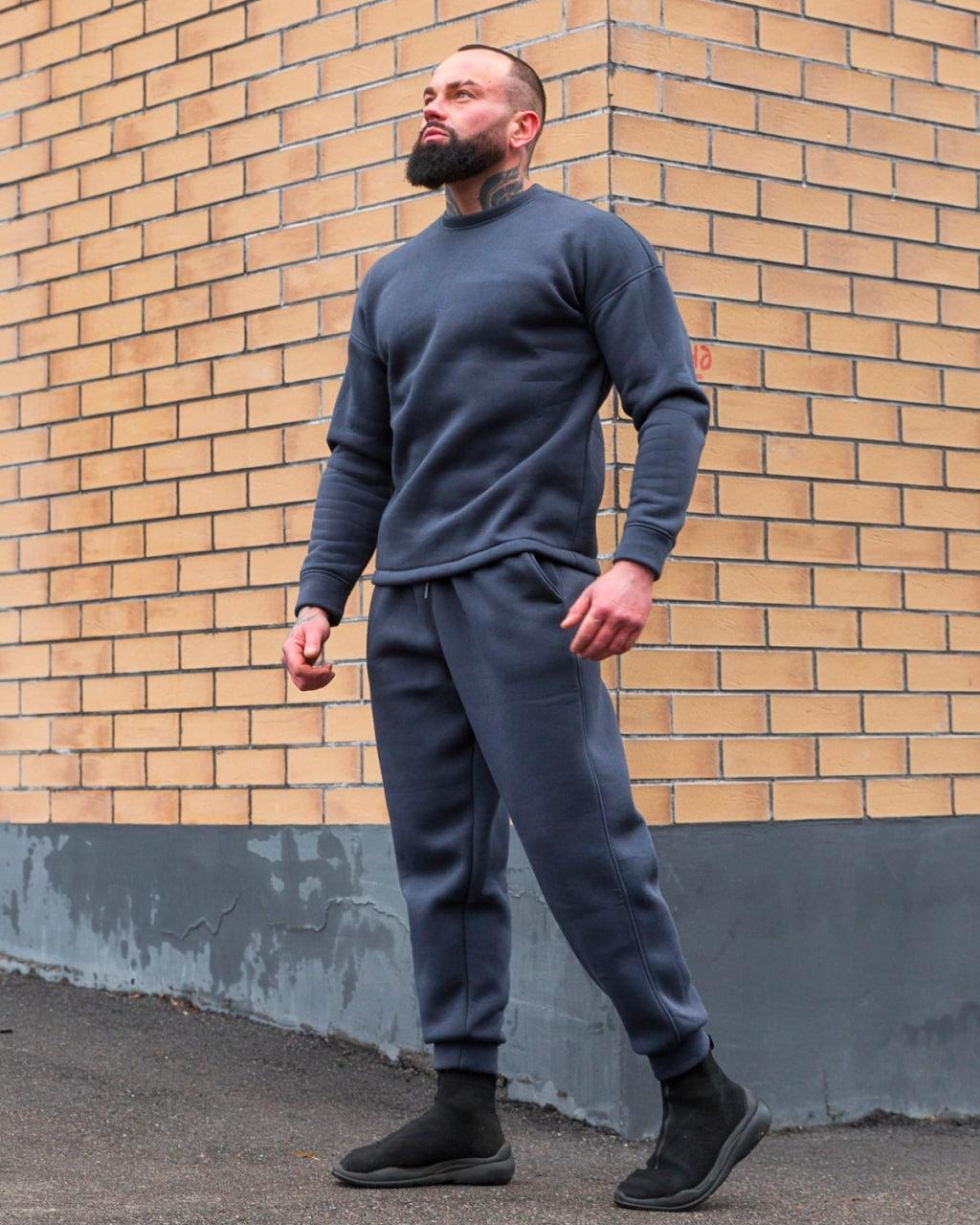 Чоловічий зимовий спортивний костюм без капюшона сірий ⁇ Комплект утеплений світшот та штани з начосом, фото 1