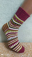 Вязаные полушерстяные женские носки орнаментом, ручная работа, цвет - бордо