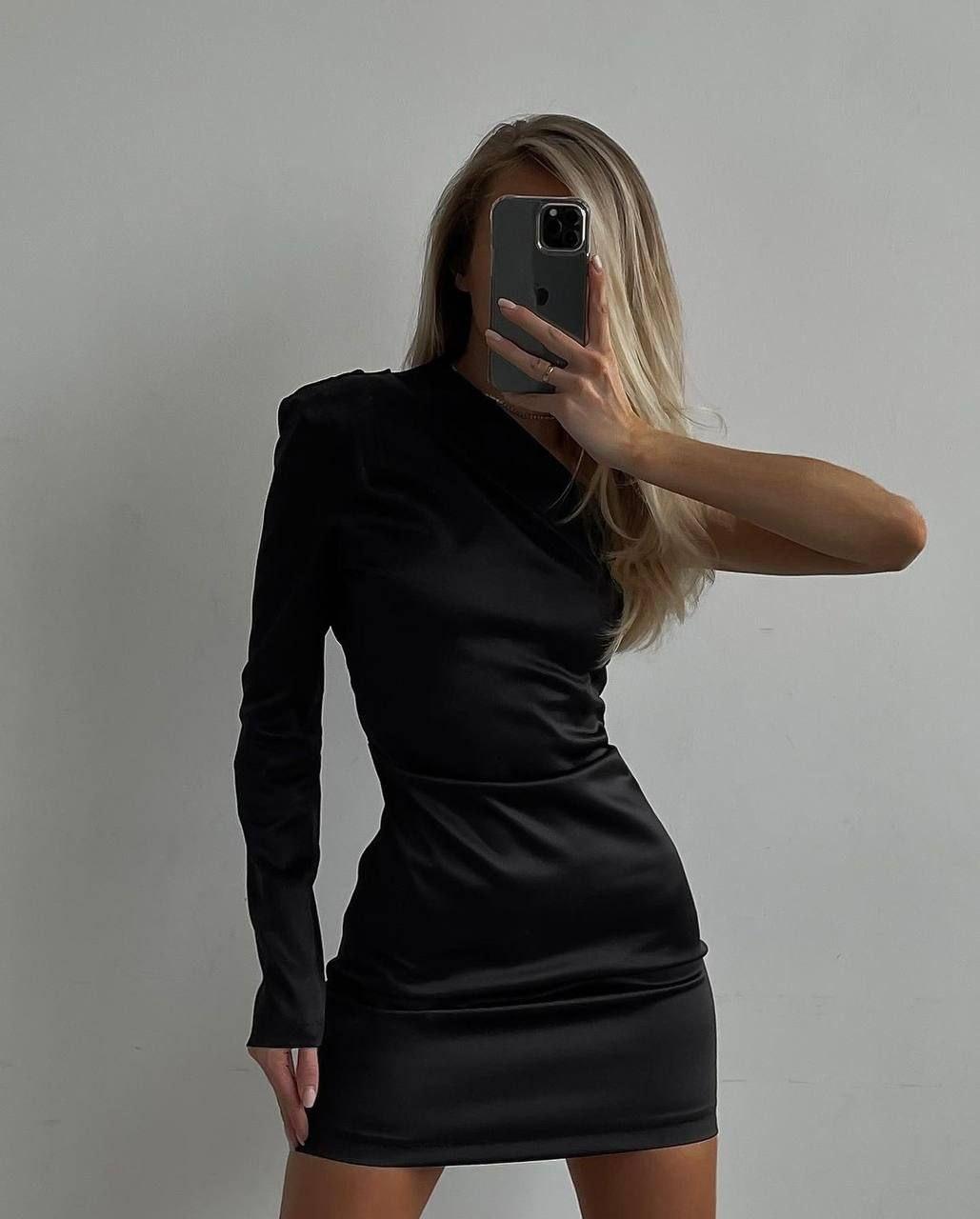 Маленька жіноча сукня на одне плече з королівського атласу, фото 1