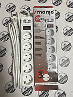 Подовжувач 5 гнізд, 3м, із заземленням, з вимикачем, 2 USB MARSO