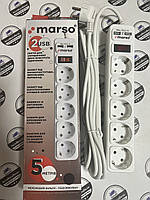 Подовжувач 5 гнізд, 5м, із заземленням, з вимикачем, 2 USB MARSO