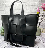 Большая женская модная сумка с двумя ручками плетеная черная мягкая MS