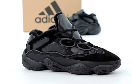 Чоловічі кросівки зимові Adidas YEEZY 500 Utility Black Winter Адідас Ізі 500 чорні замшеві з хутром низькі, фото 1