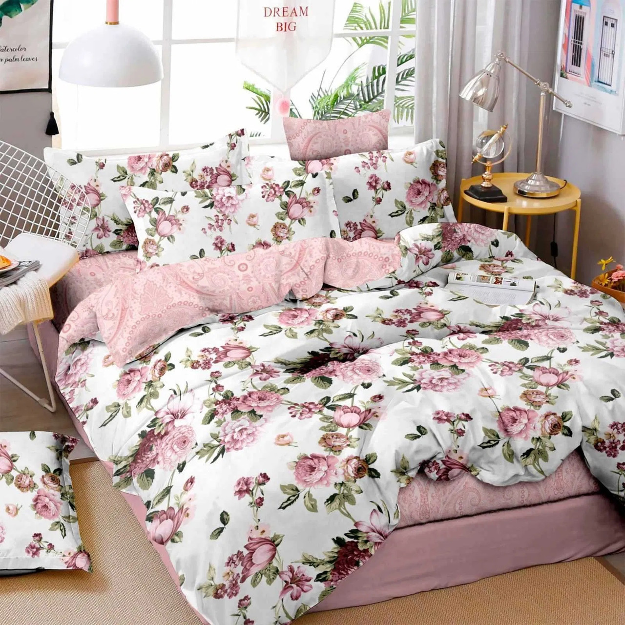 Підковдра на блискавці 145х215 (Бязь) | Полуторна підковдра від виробника "Королева Ночі" | Квіти на білому та рожевому, фото 1