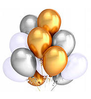 Воздушные шары "Set", Ø - 28 см., (12 шт.), Италия, цвет - белый, серебро, золото (металлик)