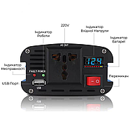 Перетворювач напруги ESOZUR 1000W Інвертор автомобільний 12V на 220V, фото 3