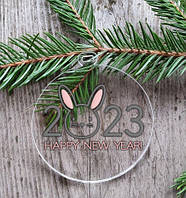 Новорічна куля прозора Символ року 2023 кролик "Happy New Year" 10 см (сірий+рожевий)