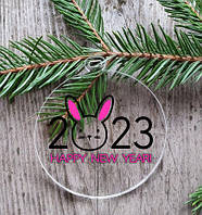Новорічна куля прозора Символ року 2023 кролик "Happy New Year" 10 см (чорний + малиновий)