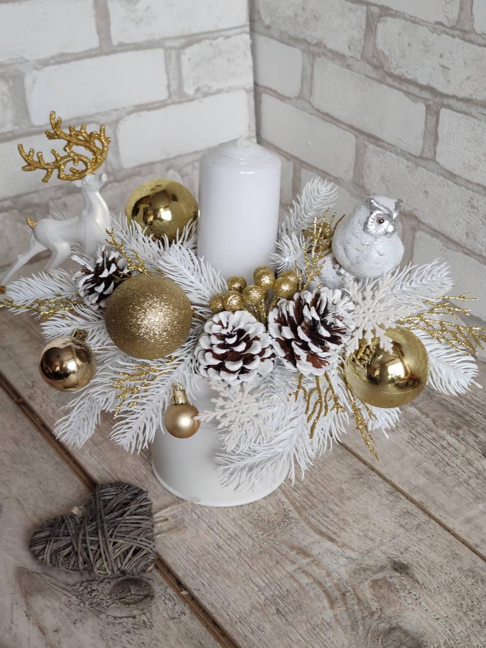 Новорічний підсвічник  зі свічкою, різдвяна композиція на стіл, фото 1