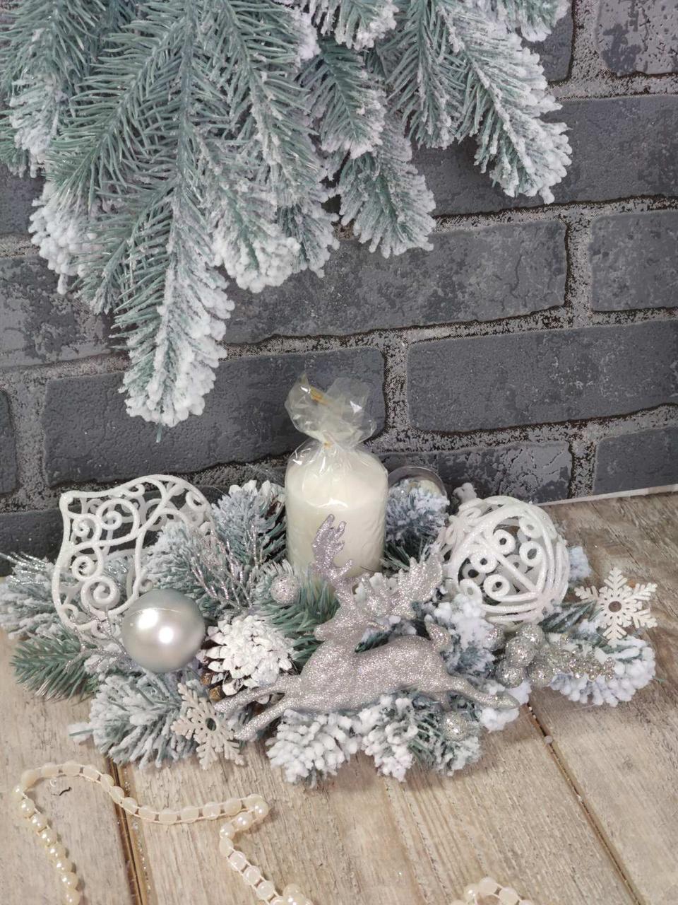 Новорічний підсвічник  зі свічкою, різдвяна композиція на стіл, 35-40 см, фото 1