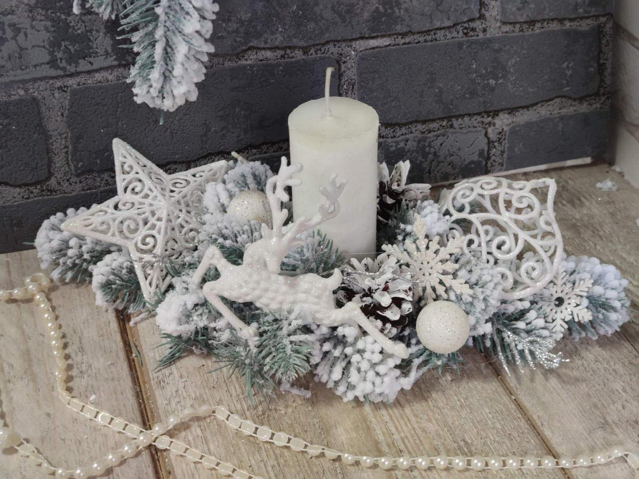 Новорічний підсвічник  зі свічкою, різдвяна композиція на стіл, 35-40 см, фото 1