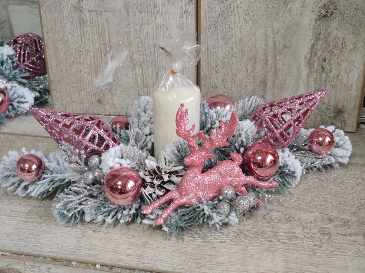 Новорічний підсвічник  зі свічкою, різдвяна композиція на стіл, 35-40 см, фото 1