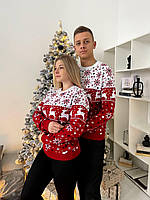Новогодние свитера парные семейные с оленями бело-красный S-M, L-XL
