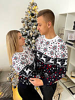 Новогодние свитера парные семейные с оленями белый-темно синий S-M, L-XL (цена за один)