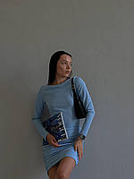 Стильное женское платье пушапп со сборками по бокам и длинным рукавом (чёрный, бежевый, голубой); 42-46