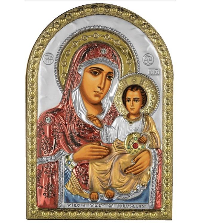 Ікона Єрусалимська Божа Матір 4,2х5,8см срібна на пластику покрита ємалью