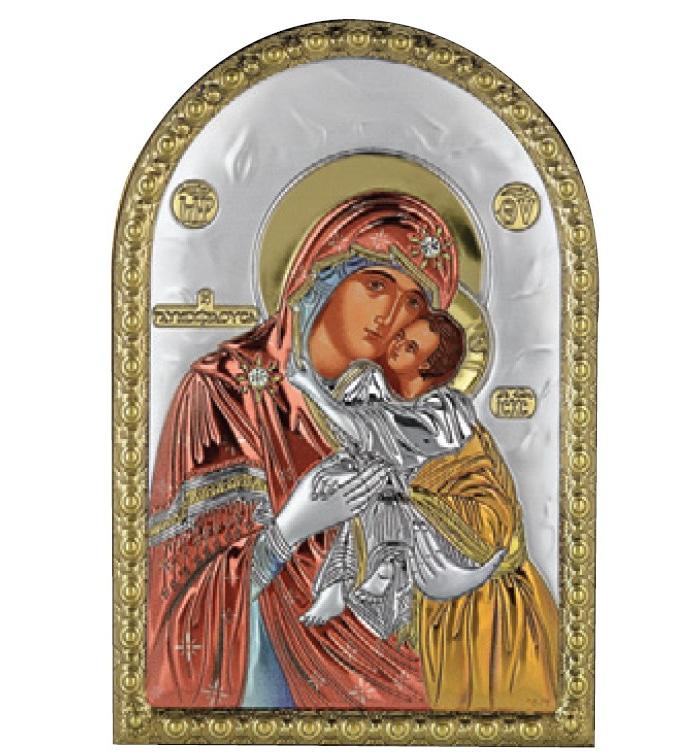 Ікона Богородиця "Умилення" "Солодке Цілування" 5х7см срібна на пластику покрита ємалью