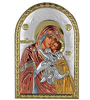 Икона Богородица "Умиление" "Сладкое Целование" 5х7см серебряная на пластику украшена разноцветной эмалью